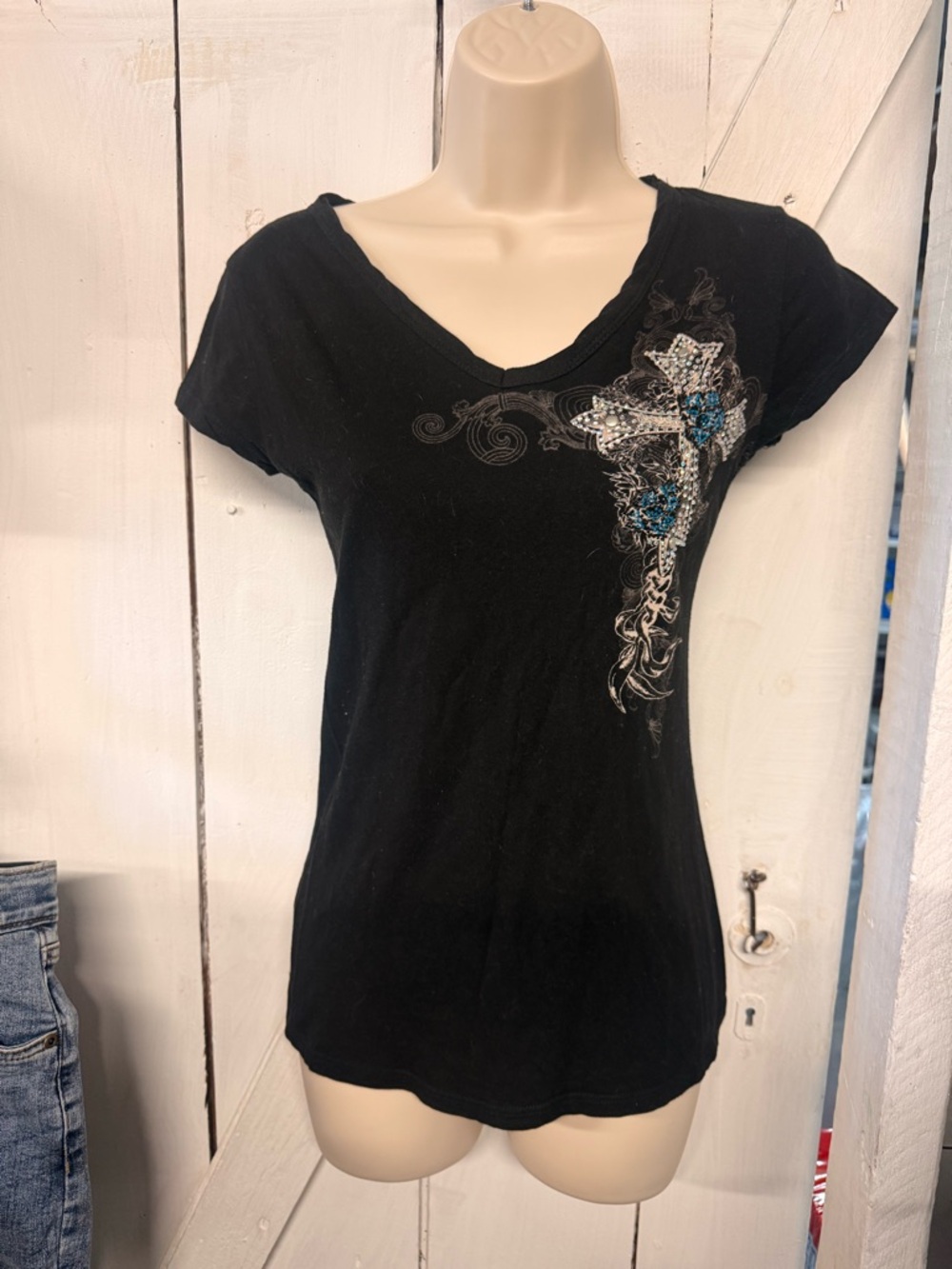 Women’s Black V-Neck Cross Graphic Tee